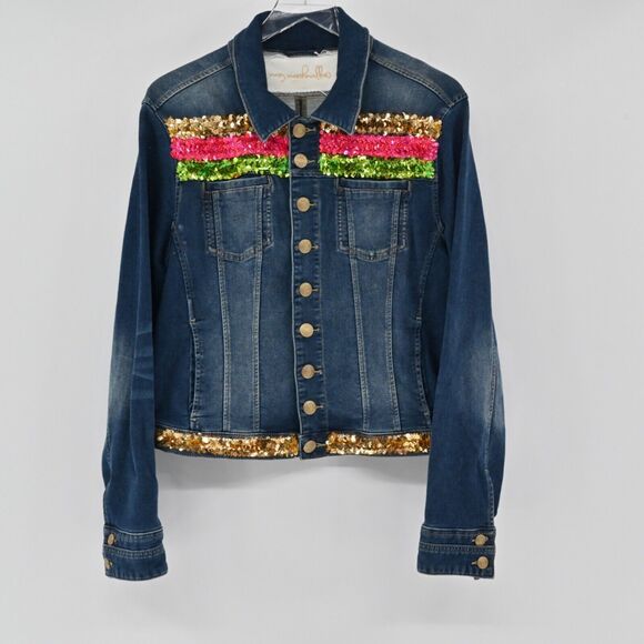 MARY MARSHMALLOW Jacket Womens Sz L Colorful Metallic Sequin Stripe Denim Preppy - Picture 4 of 15